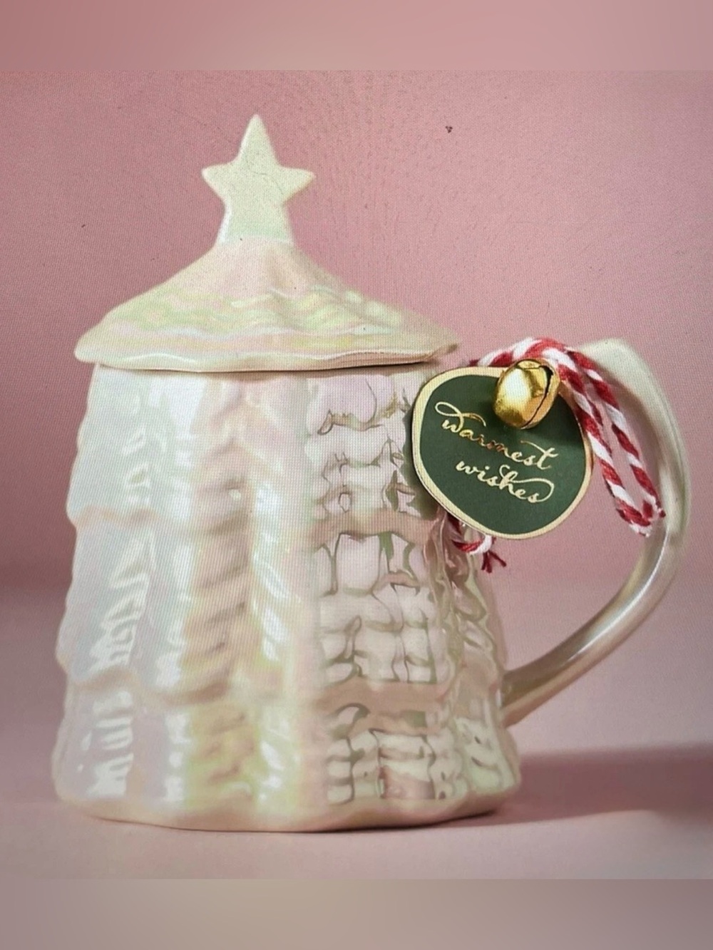 NEW Anthropologie Merry Luster Tree Lidded Stoneware Mug, Iridescent Pearl 🌲